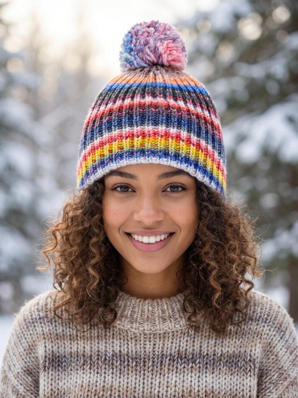 Pom Pom Beanie - Rainbow/Multi